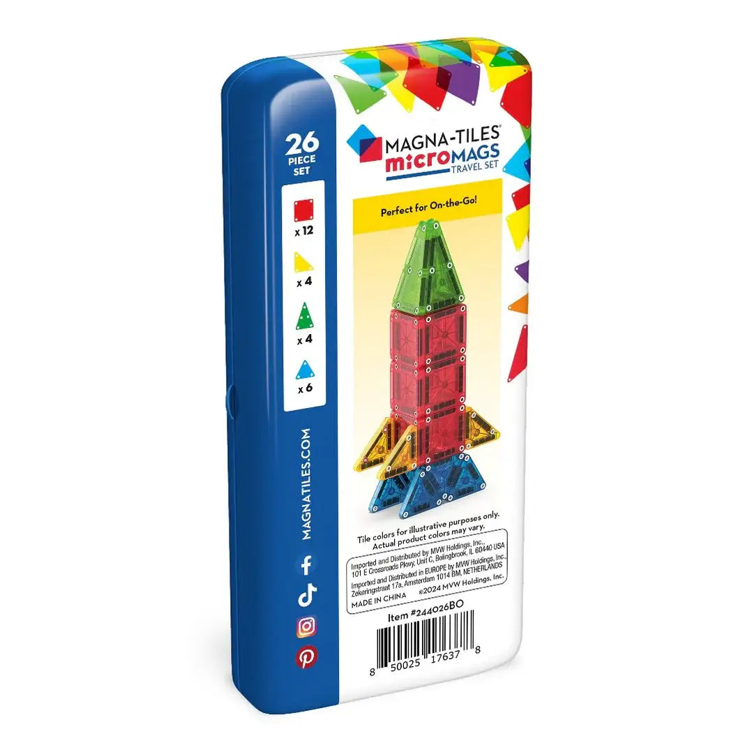 De MAGNA-TILES® microMAGS Reisset is een compacte, magnetische bouwset verpakt in een handig magnetisch blik met 26 onderdelen: 12 vierkanten, 4 rechte driehoeken, 4 gelijkbenige driehoeken en 6 gelijkzijdige driehoeken. Deze kleinere tegels, met een afme