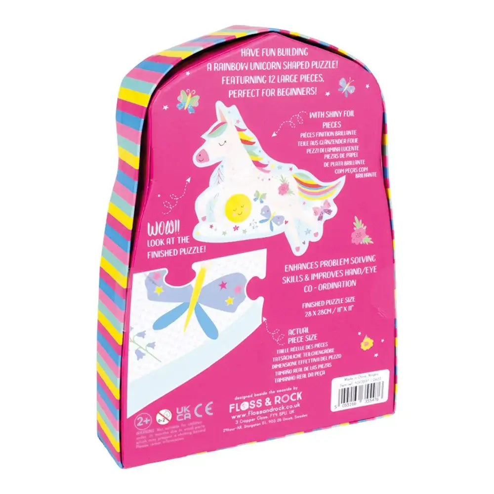 Floss&Rock Rainbow Unicorn jigsaw puzzle box featuring vibrant colors and unicorn design, perfect for young learners.