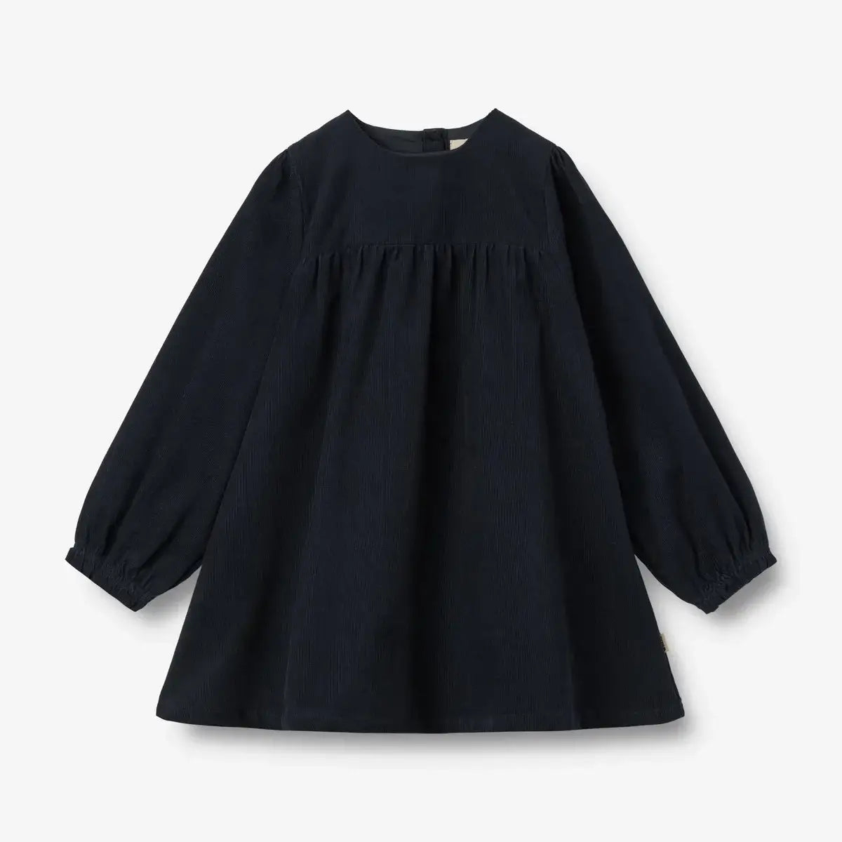 Navy ribbed dress for kids with long sleeves and gathered details, perfect for a comfortable and stylish look.