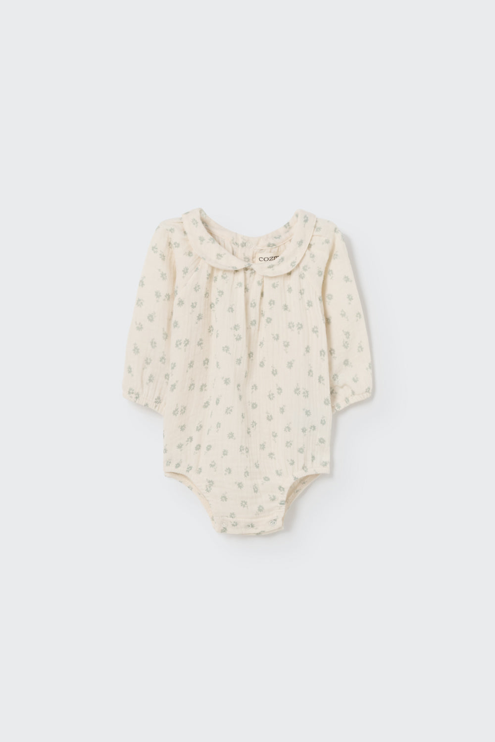 Cozmo - Organic floral gauze newborn romper frosty green