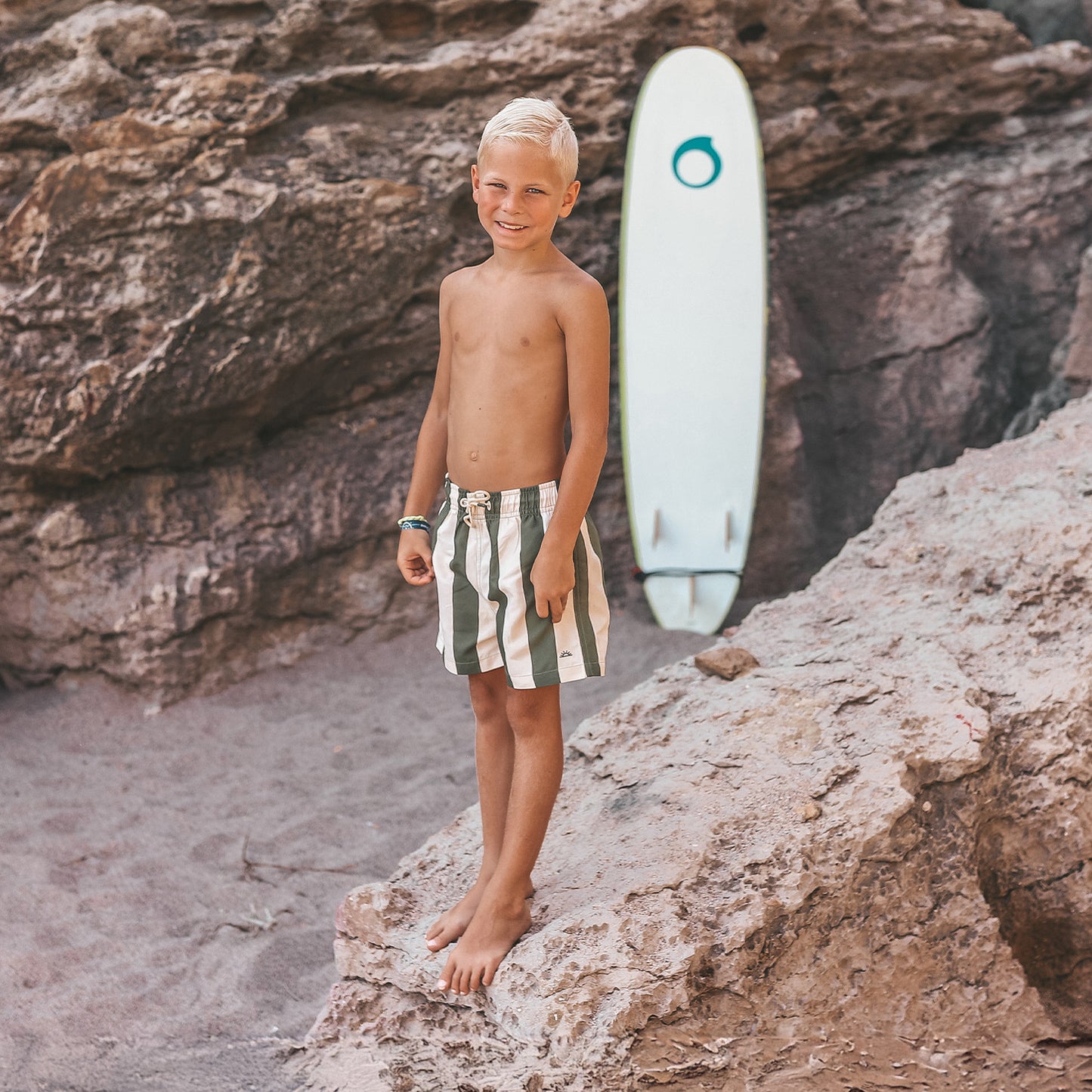 Salted Stories - Wide Stripe | Swim Shorts | Bronze Green Zwembroek