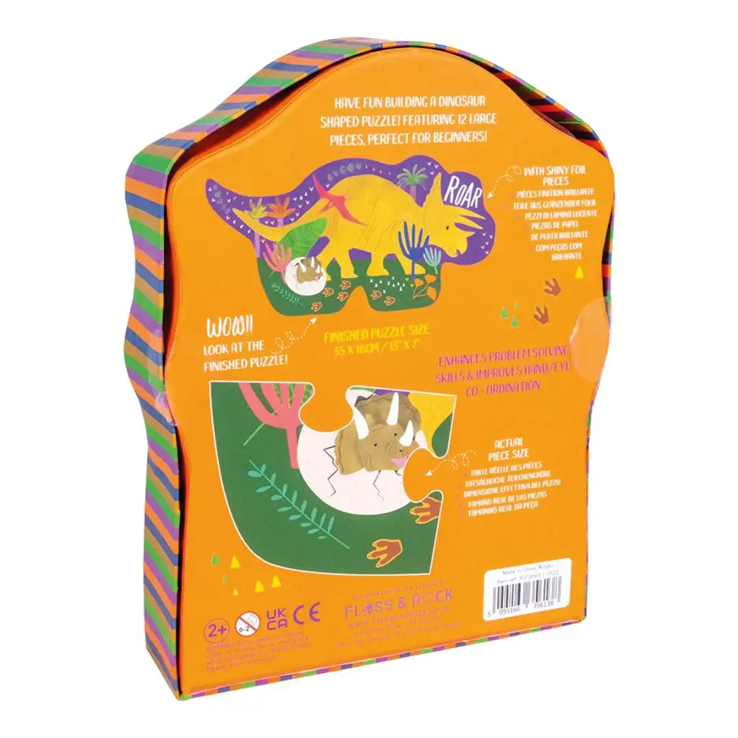 Floss&Rock Dino jigsaw puzzle box featuring vibrant colors and dinosaur design, ideal for little hands and beginners.