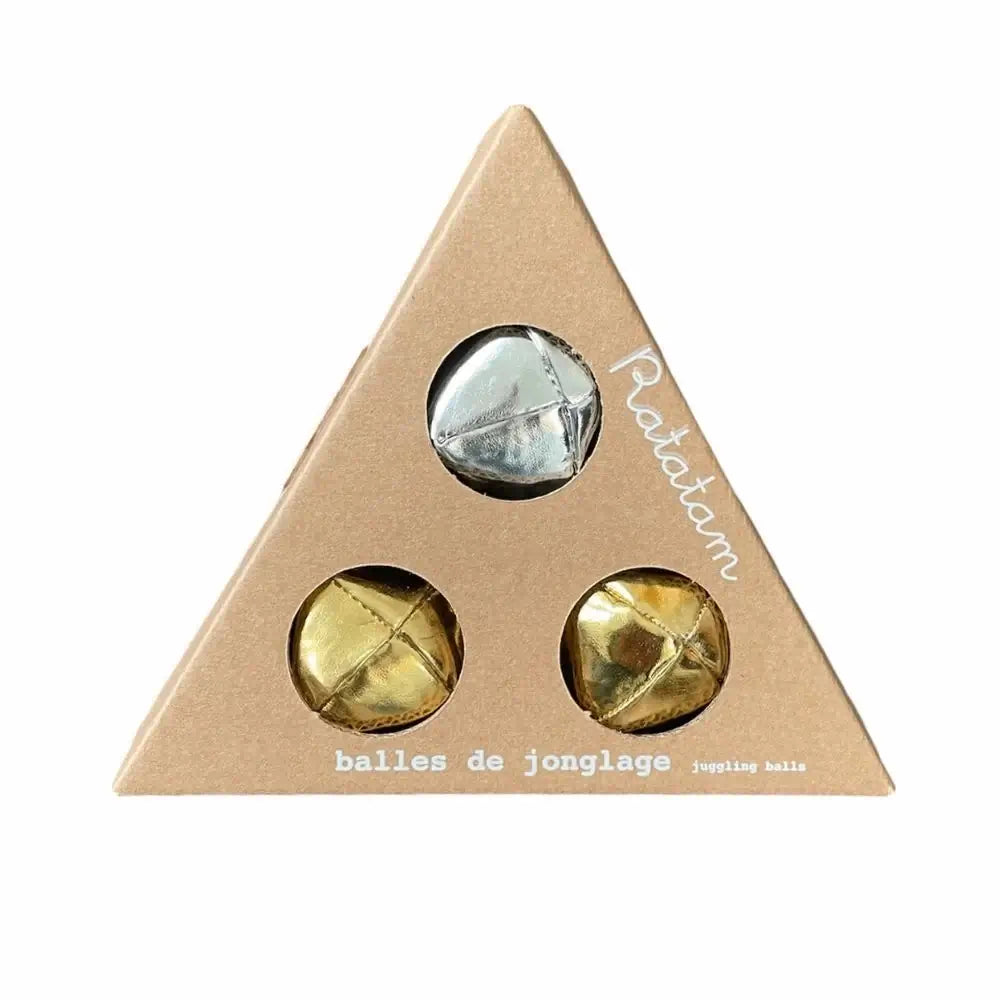 Set van gouden en zilveren jongleerballen in een herbruikbare piramide verpakking, perfect cadeau speelgoed.