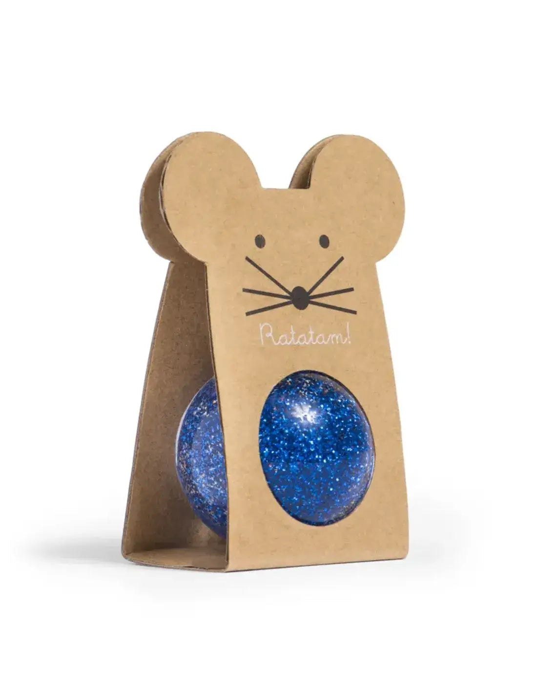 Blauw glitter stuiterbal in schattige muisverpakking van Ratatam, perfect cadeau speelgoed voor kinderen.