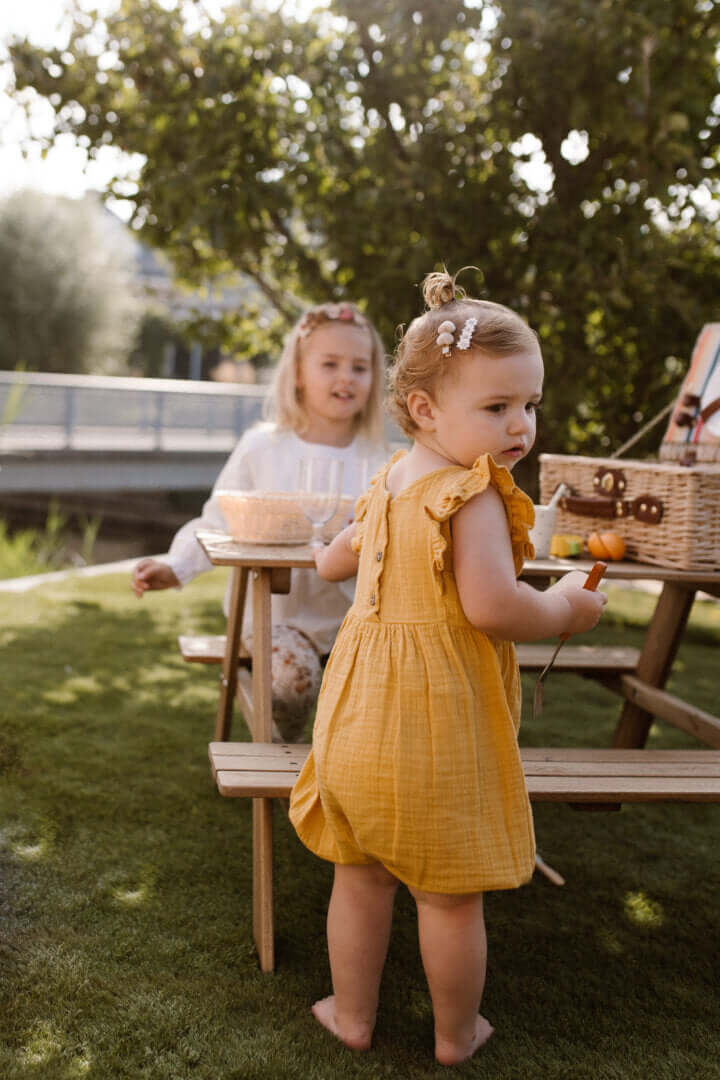 OrganicEra Muslin Romper met ruffles, Mustard