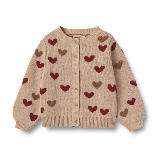 Wheat Jacquard cardigan for kids, featuring heart pattern, soft wool, long sleeves, and button front in a stylish beige color.