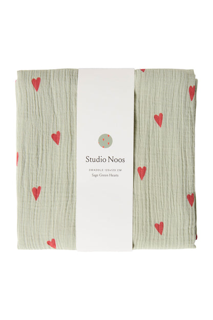 Studio Noos – Sage Green Hearts Swaddle 120x120 cm Large
