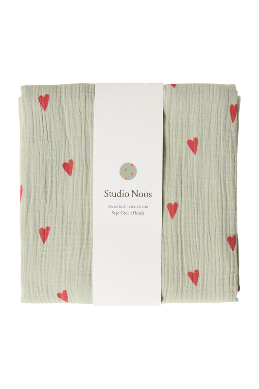 Studio Noos – Sage Green Hearts Swaddle 120x120 cm Large