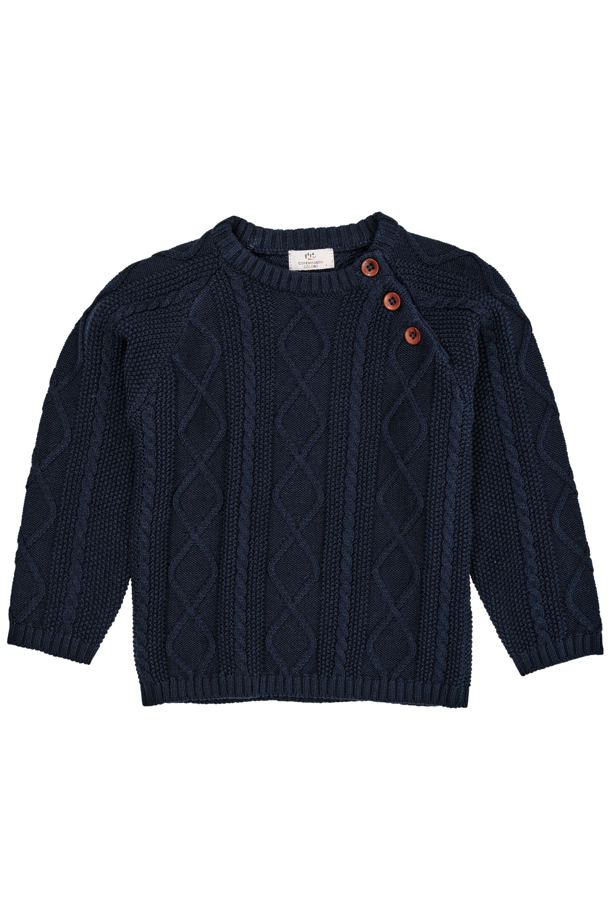 Gebreide kabeltrui navy blauw van Copenhagen Colors met knopen aan de schouder. Perfect voor kinderen.