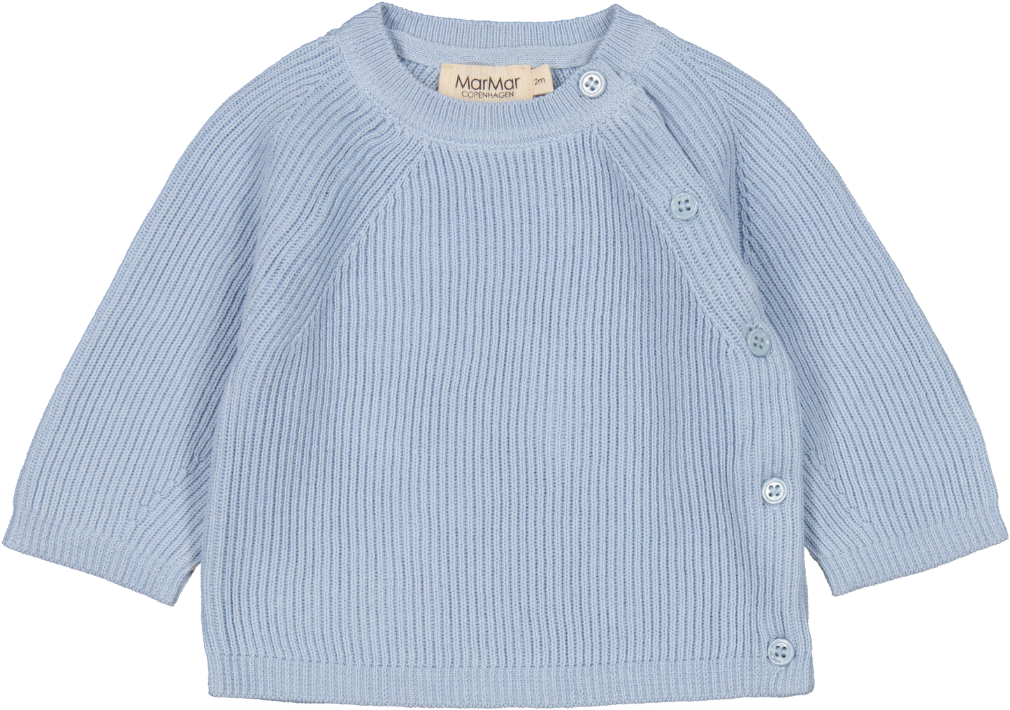 MarMar Copenhagen baby overshirt with long sleeves in clear sky color, featuring ribbed texture and side button closure.