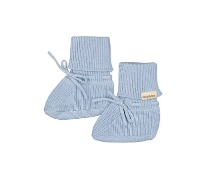 MarMar Copenhagen baby knitted booties in clear sky, featuring lace detail and certified by OEKO-TEX®.