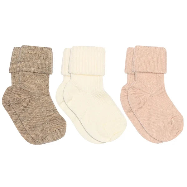 MP Denmark - Wool Rib Baby Socks 3-Pack | Light Brown Melange