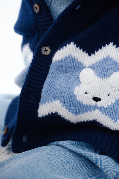 Donsje Amsterdam - Kwinten Merino Wool Cardigan Baby | Polar Bears | Navy Blue