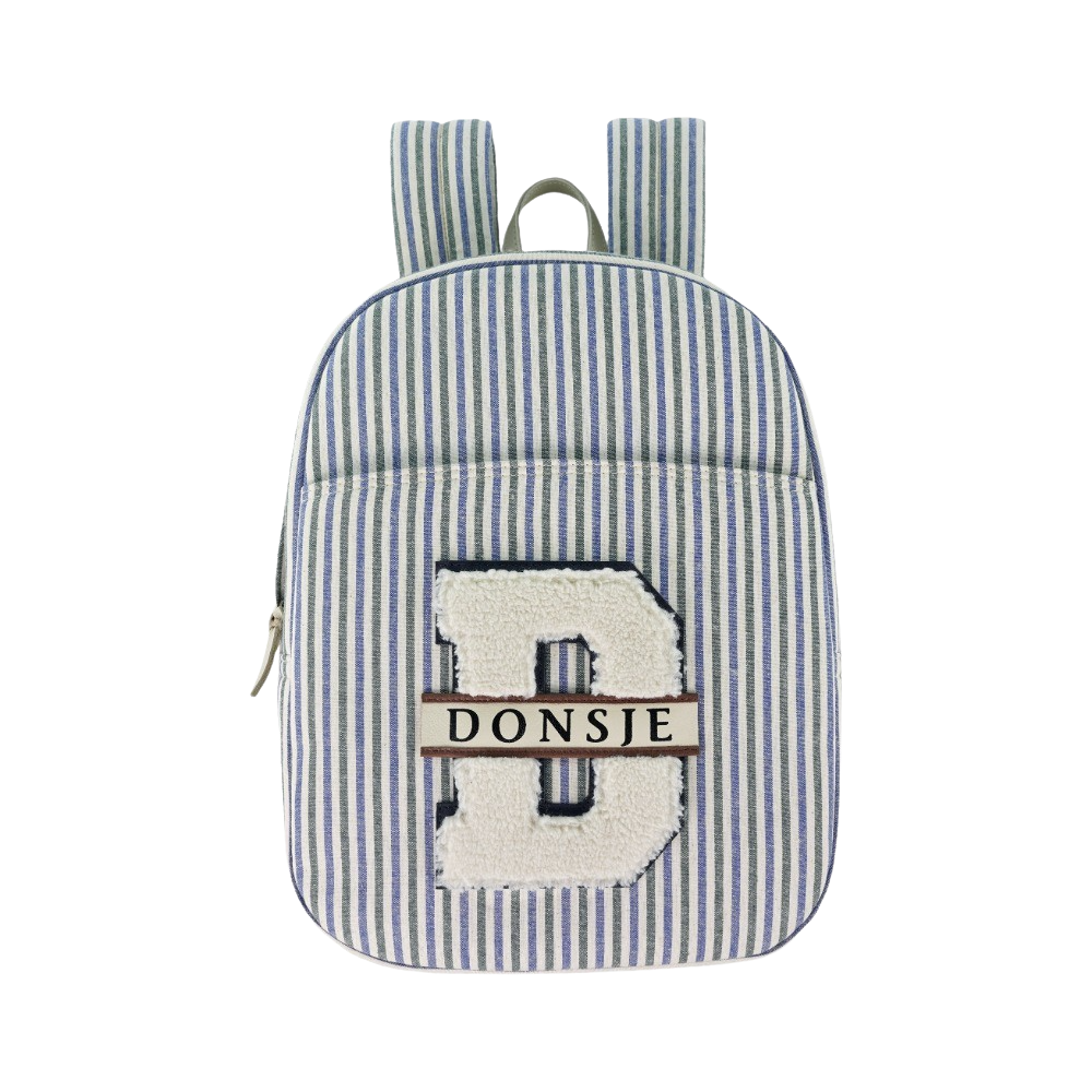 Donsje Amsterdam – Raffie Schoolbag | Blue – Moss Green Striped