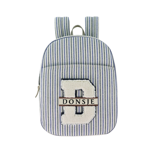 Donsje Amsterdam – Raffie Schoolbag | Blue – Moss Green Striped