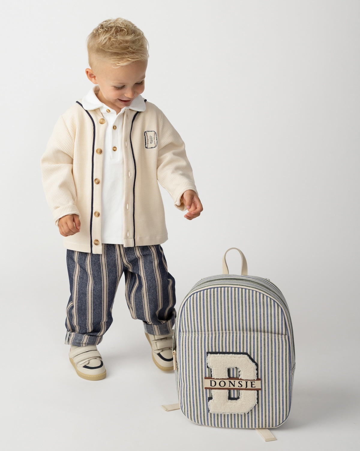 Donsje Amsterdam – Raffie Schoolbag | Blue – Moss Green Striped