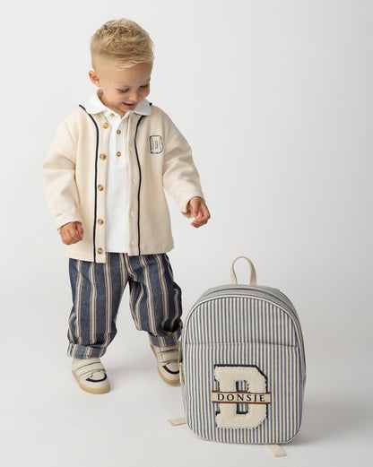 Donsje Amsterdam – Raffie Schoolbag | Blue – Moss Green Striped