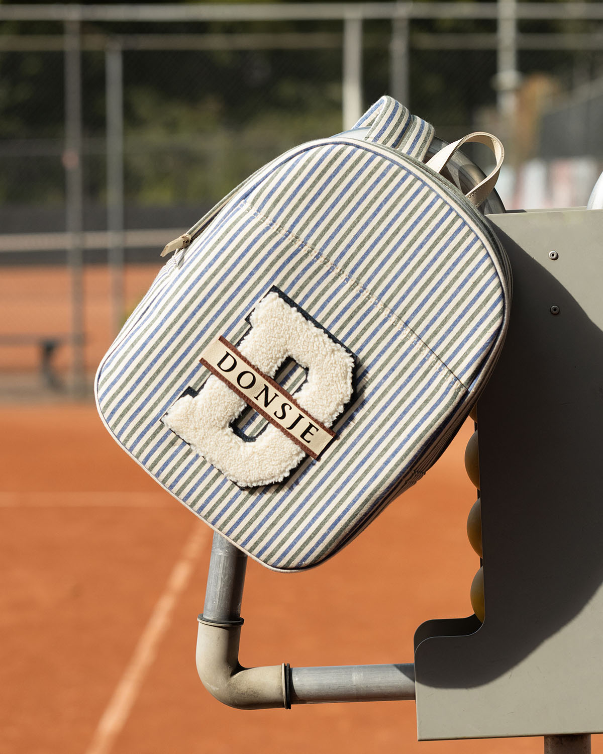 Donsje Amsterdam – Raffie Schoolbag | Blue – Moss Green Striped