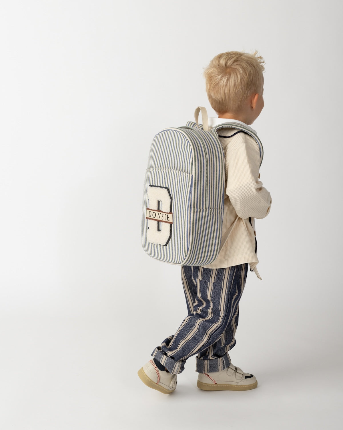 Donsje Amsterdam – Raffie Schoolbag | Blue – Moss Green Striped