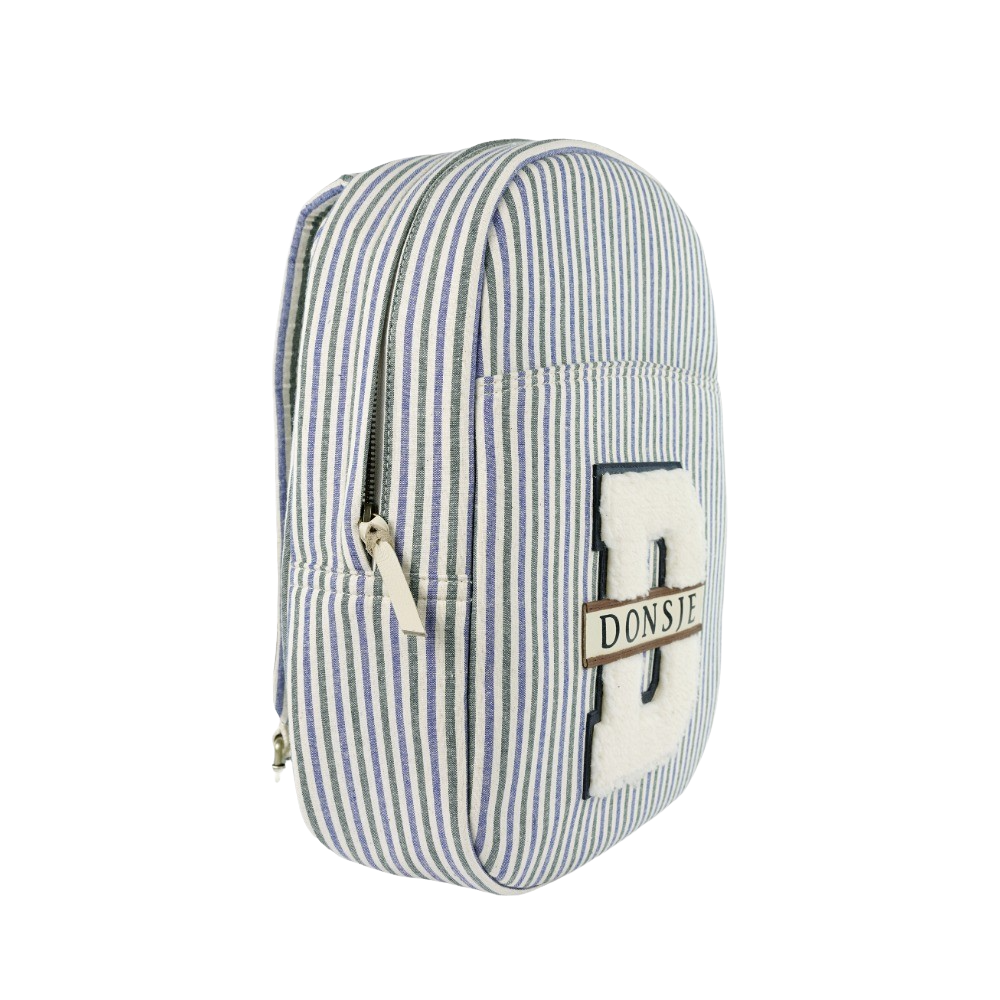 Donsje Amsterdam – Raffie Schoolbag | Blue – Moss Green Striped