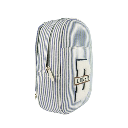 Donsje Amsterdam – Raffie Schoolbag | Blue – Moss Green Striped