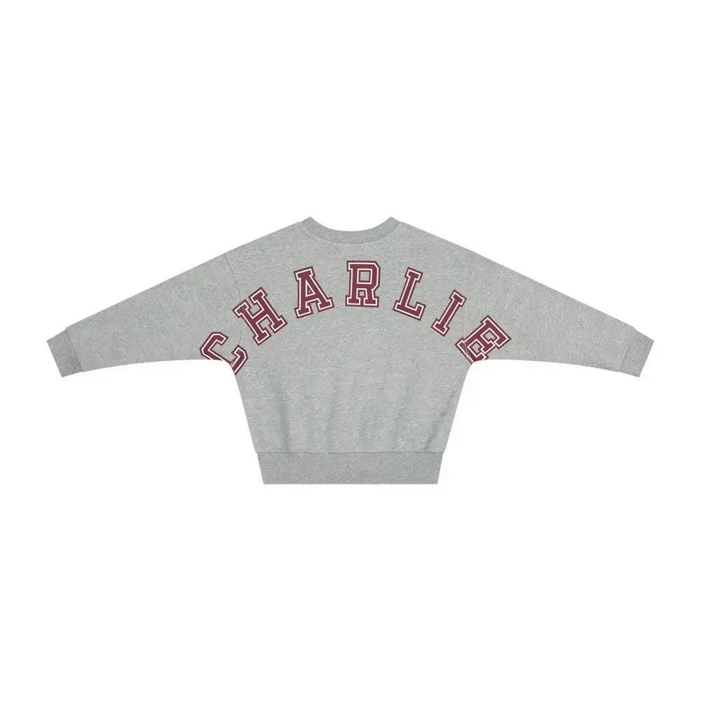 Charlie Petite Jones Sweater in Grey Melange with bold 'CHARLIE' lettering on back, perfect for stylish comfort.