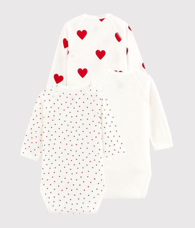 Petit Bateau – Set van 3 overslagrompers met rood hartje en lange mouwen