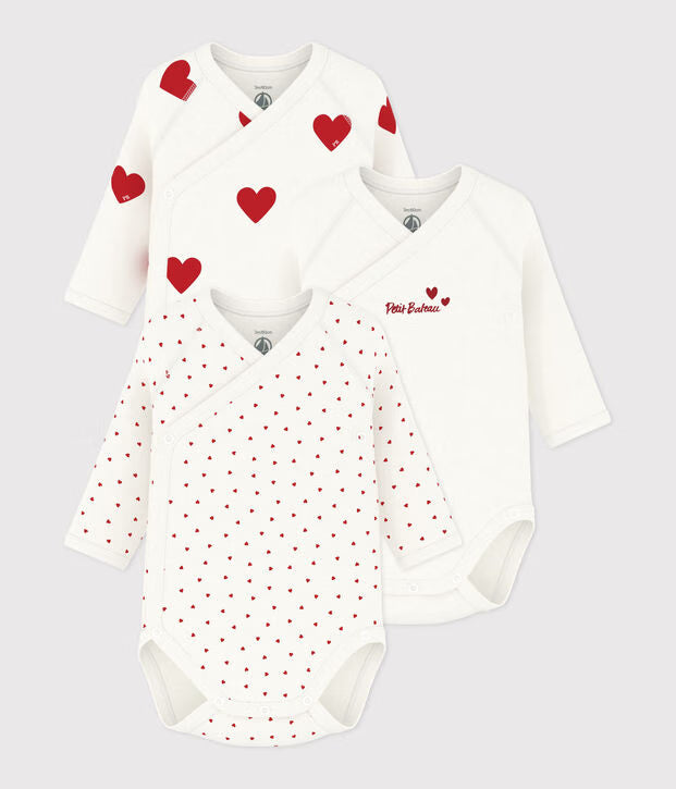 Petit Bateau – Set van 3 overslagrompers met rood hartje en lange mouwen