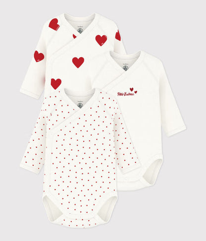 Petit Bateau – Set van 3 overslagrompers met rood hartje en lange mouwen