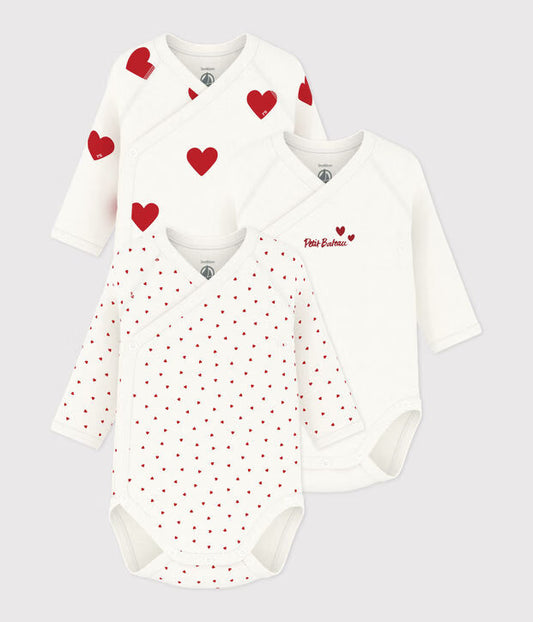 Petit Bateau – Set van 3 overslagrompers met rood hartje en lange mouwen