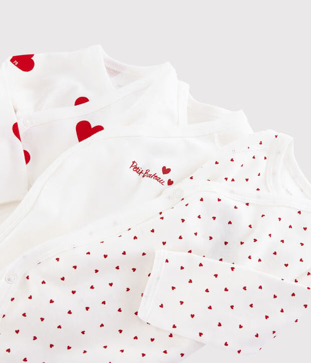 Petit Bateau – Set van 3 overslagrompers met rood hartje en lange mouwen