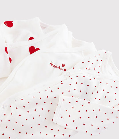 Petit Bateau – Set van 3 overslagrompers met rood hartje en lange mouwen
