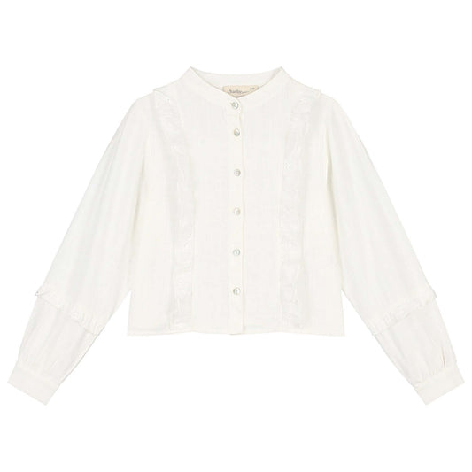 White Charmaine blouse for girls with long sleeves and ruffles, perfect for stylish outfits.