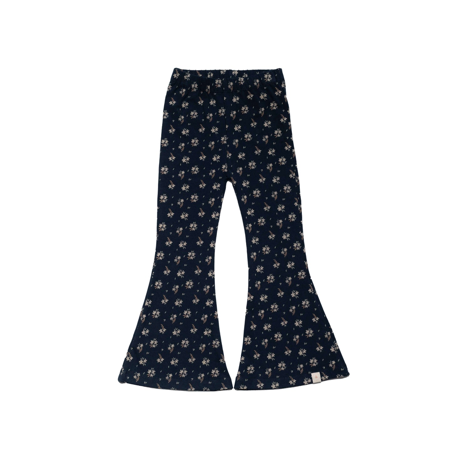 Navy flared broek with a dark blue floral pattern, showcasing a stylish and unique design for casual wear.