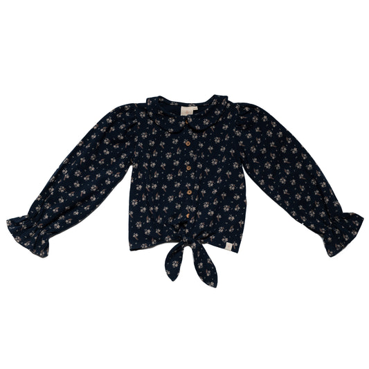 Navy Natural Faye blouse in dark blue with floral print and cute tie front, perfect for stylish girls.