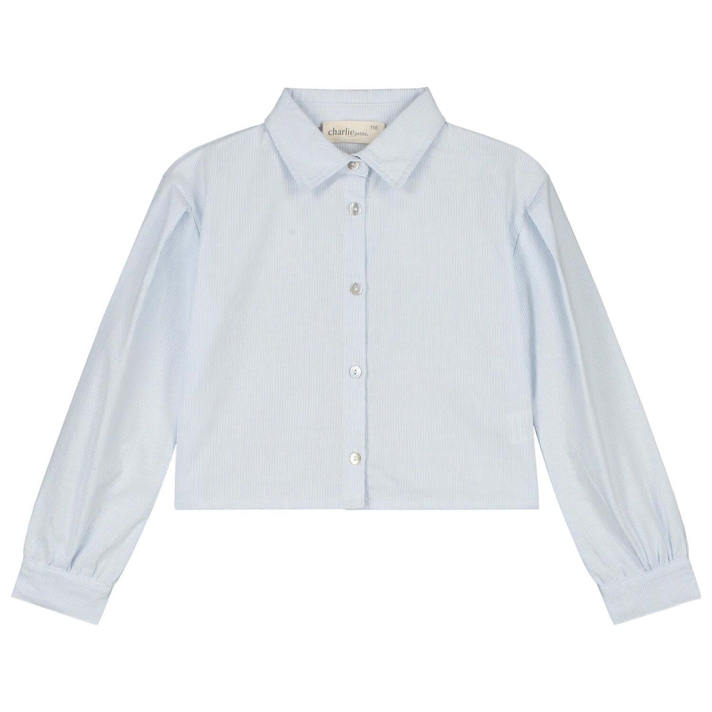 Light blue Charlie Petite Gaby blouse with long sleeves and button closure for girls, featuring a stylish cropped design.