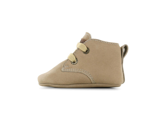 Beige Shoesme newborn leather booties with soft laces for ultimate comfort and protection for tiny baby feet.