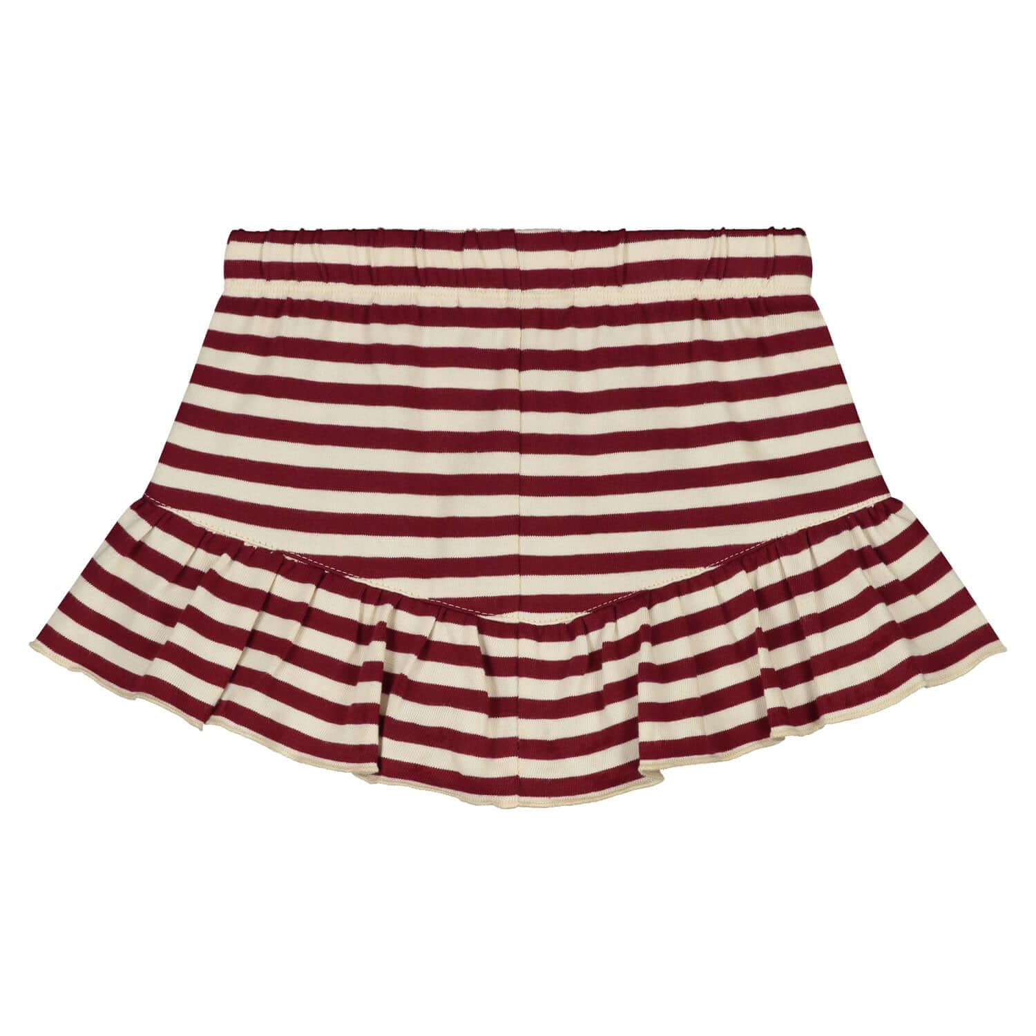 Petite meisjes skort in gestreept bordeauxrood en crème met ruffled zoom, perfect voor zomerse casual outfits.