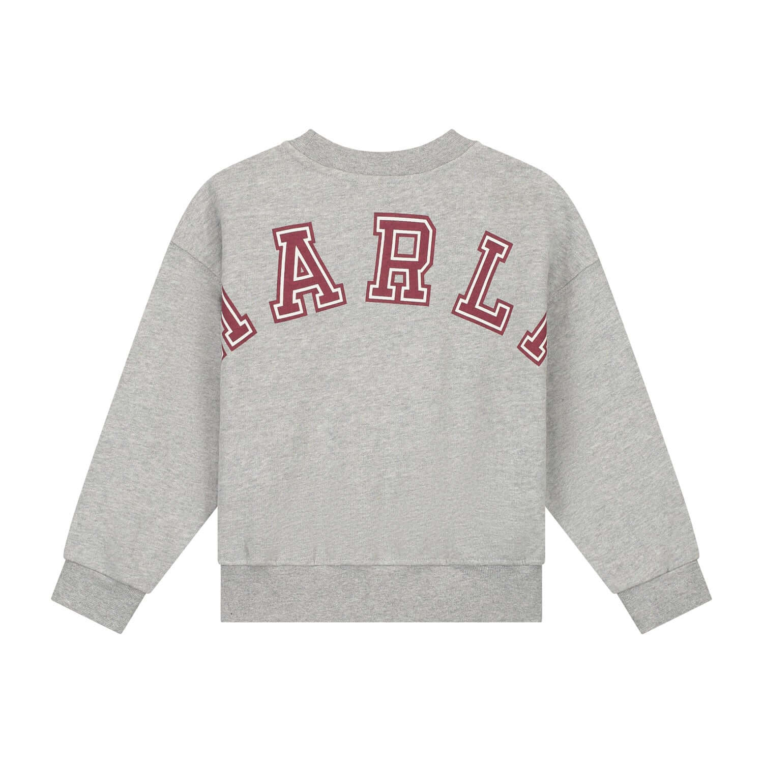 Back view of a grey melange sweater with "HARLA" text in bold maroon letters, perfect for casual outfits.