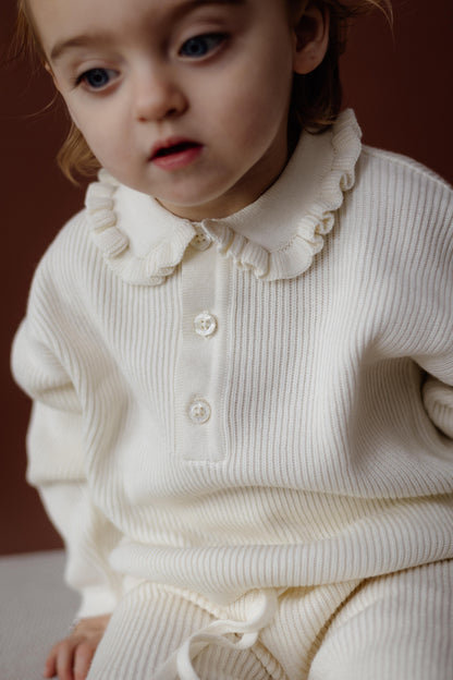 Levv  - Nikola Gebreide Sweater White Cream | Elegante Katoenen Meisjessweater met Ruches