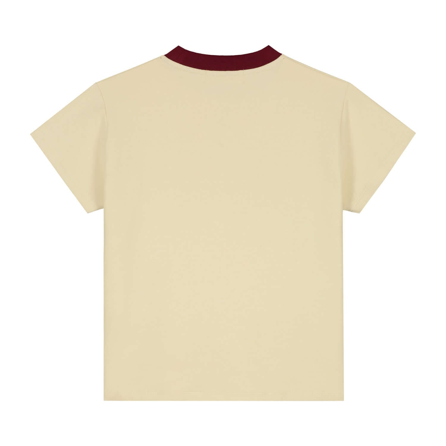 Back view of Charlie Petite Leon T-Shirt in crème with bordeaux collar, featuring a stylish and modern design.