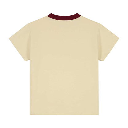 Back view of Charlie Petite Leon T-Shirt in crème with bordeaux collar, featuring a stylish and modern design.