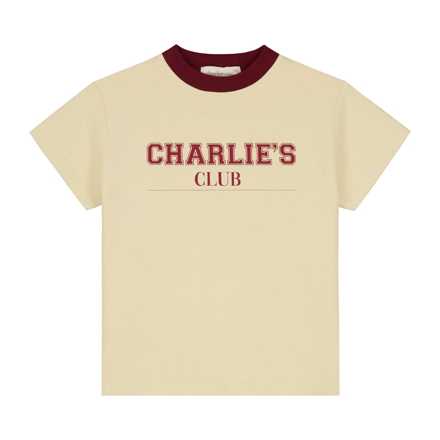 Charlie Petite Leon T-Shirt in crème with stylish bordeaux collar, featuring 'Charlie’s Club' graphic design.