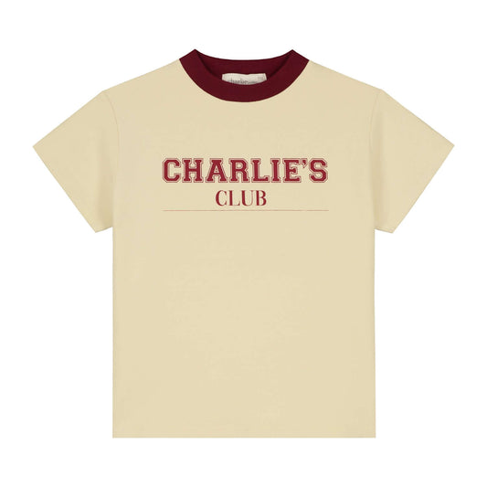 Charlie Petite Leon T-Shirt in crème with stylish bordeaux collar, featuring 'Charlie’s Club' graphic design.