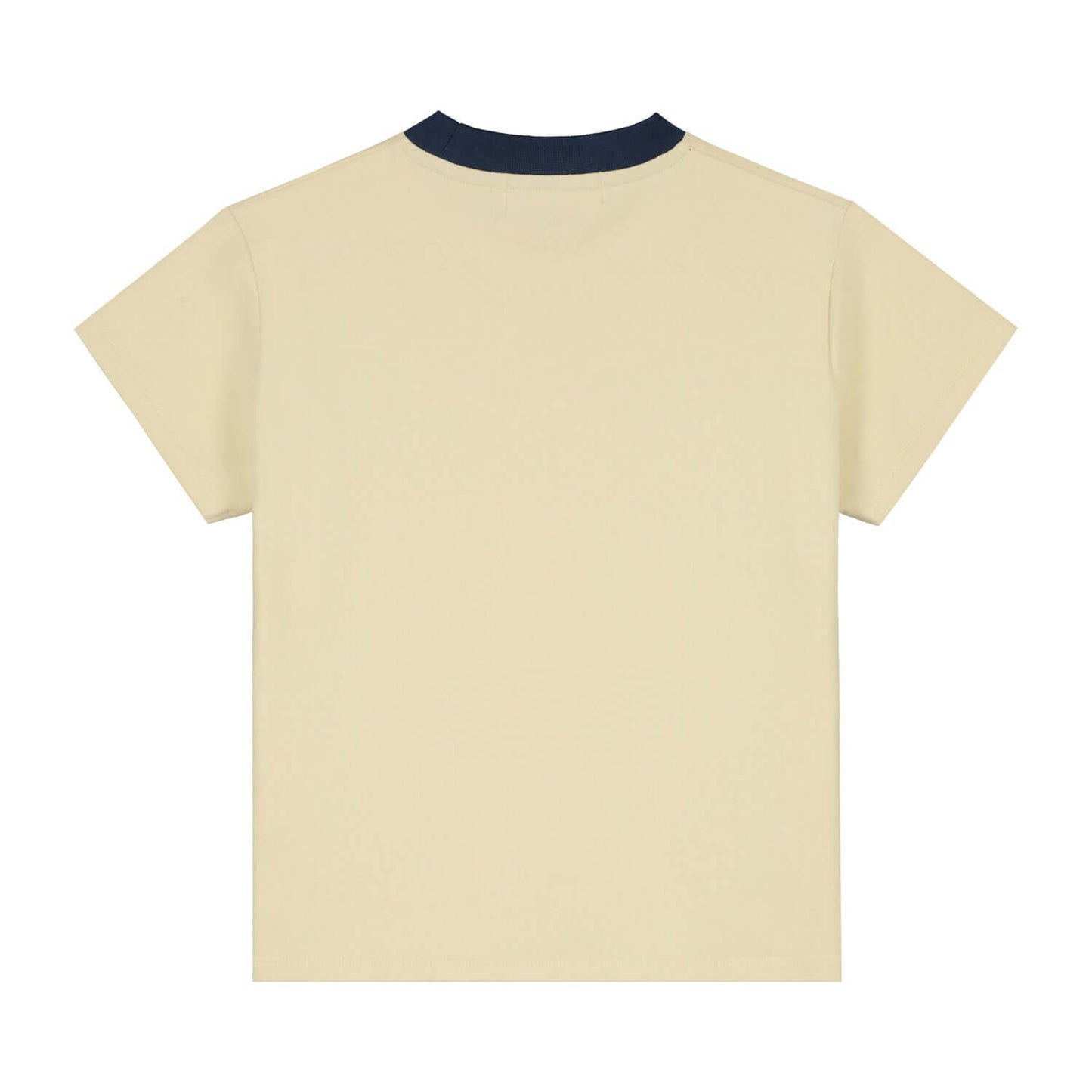 Back view of Charlie Petite Luc T-Shirt in cream with indigo collar, showcasing its stylish and casual design.