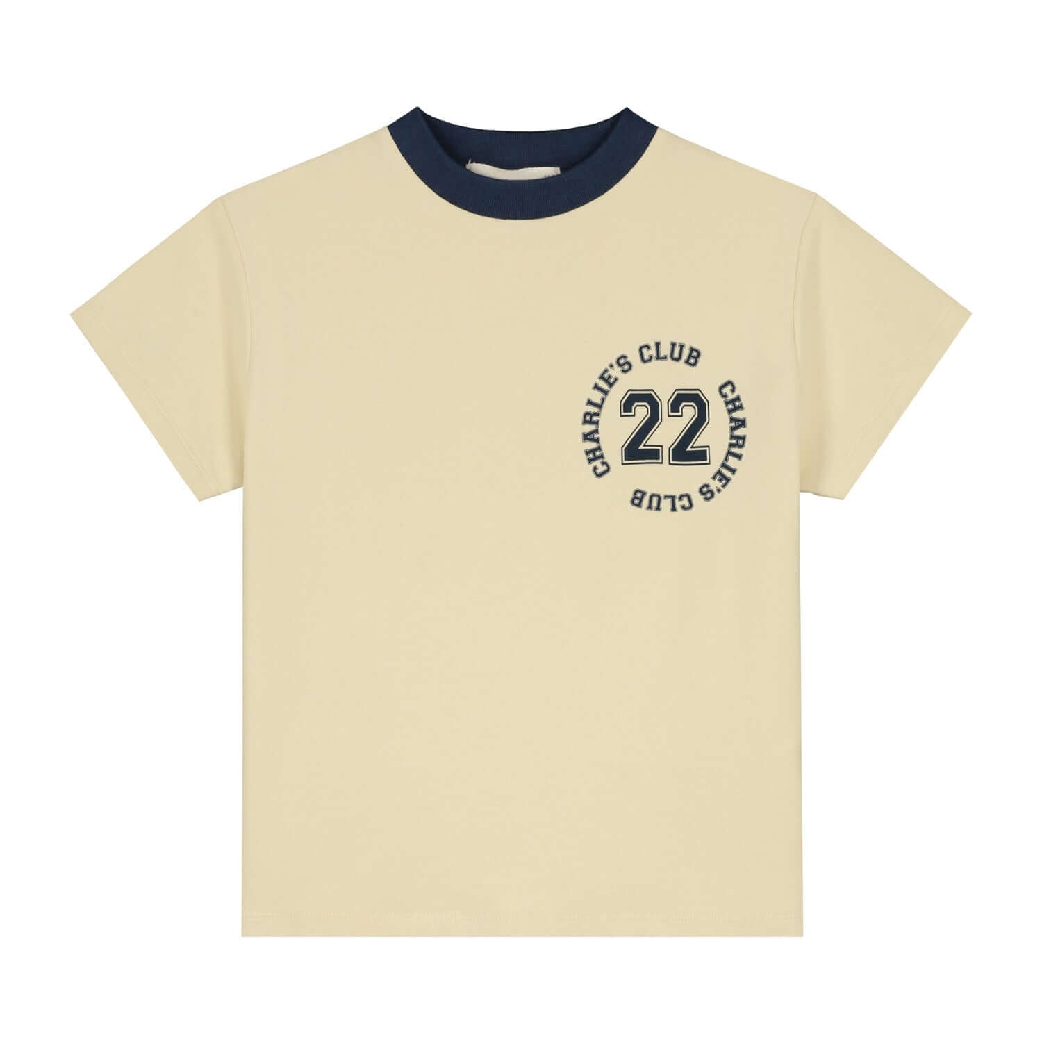 Charlie Petite Luc T-Shirt in cream with indigo collar and circular logo, perfect for casual style.