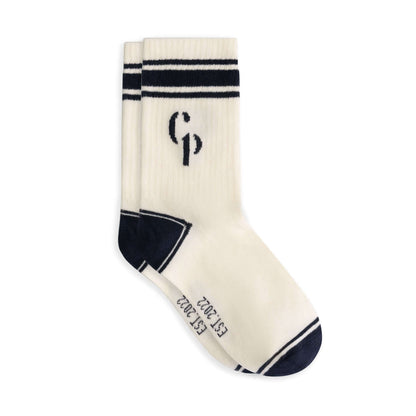 Stylish Charlie Petite Luca Sokken in cream with navy stripes, perfect for boys and girls.