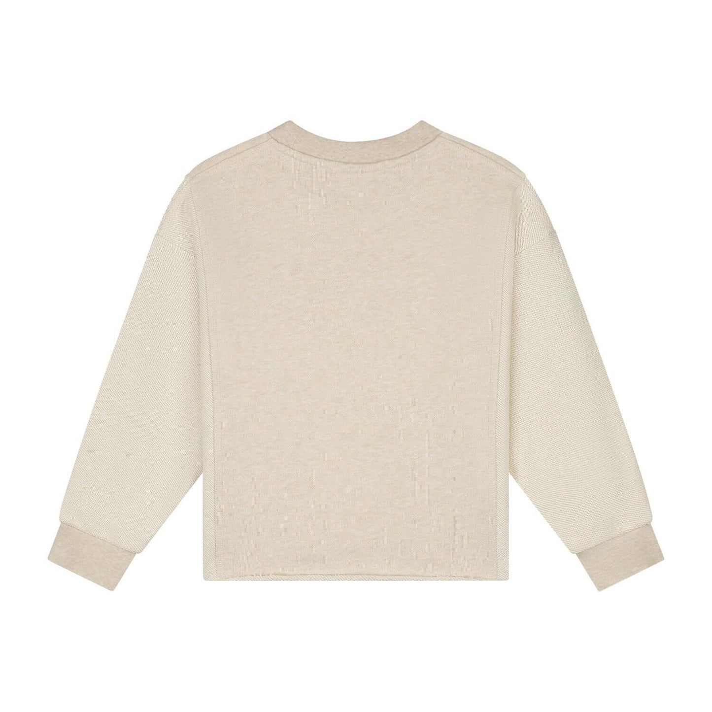 Back view of Charlie Petite Lux Sweater in beige melange, stylish sweatshirt for both boys and girls.