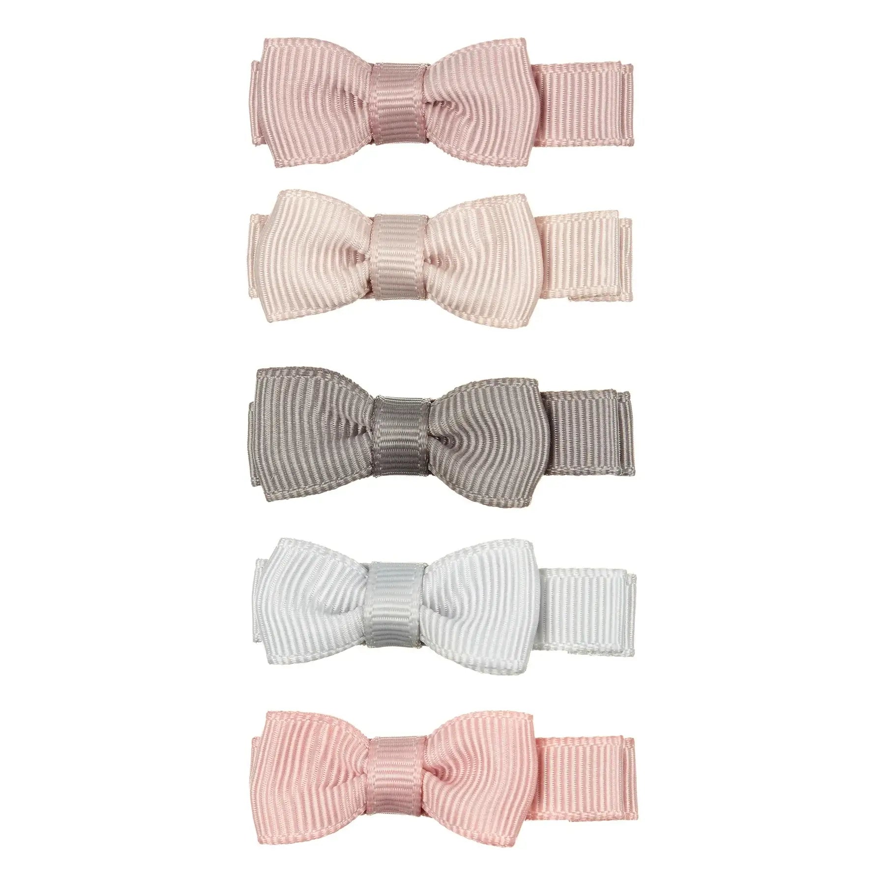 Set of five Martha Mini Bow clips in soft pink and gray tones, perfect for fine hair. Cute hair accessories for kids.