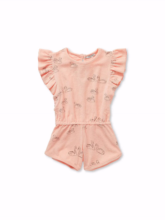Sproet & Sprout - Ruffle Jumpsuit Swan Print | Blush Pink